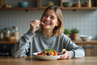 Femme souriante mangeant une salade de quinoa colorée
