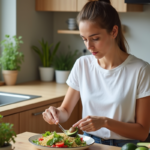 Jeune femme préparant une salade dans une cuisine moderne