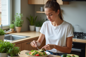 Jeune femme préparant une salade dans une cuisine moderne
