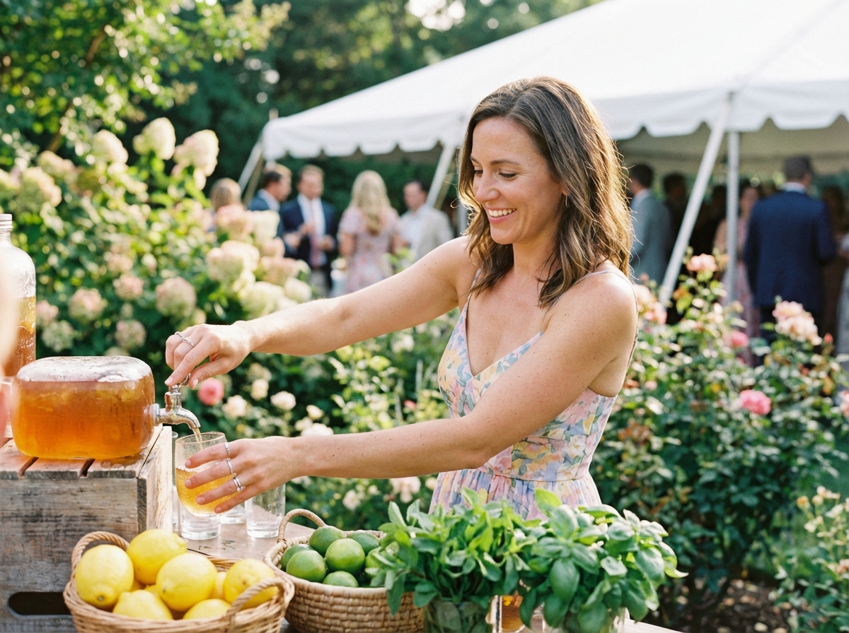 Jeune femme souriante versant un cocktail dans un jardin d’été