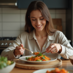 Femme souriante servant un plat de légumes colorés à table