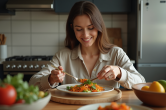 Femme souriante servant un plat de légumes colorés à table