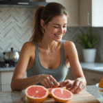 Femme en cuisine coupant un pamplemousse frais