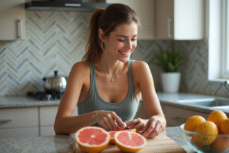 Femme en cuisine coupant un pamplemousse frais