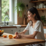 Jeune femme coupant une orange dans la cuisine lumineuse