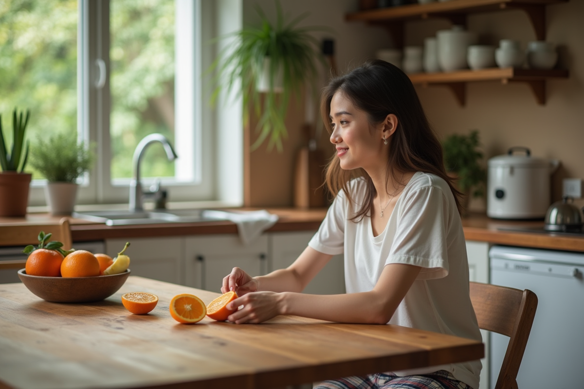 Jeune femme coupant une orange dans la cuisine lumineuse