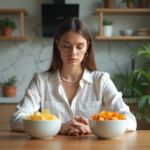 Jeune femme examine des bols de chips maison