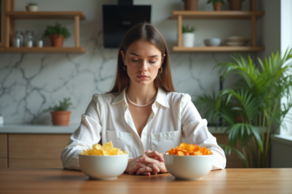 Jeune femme examine des bols de chips maison
