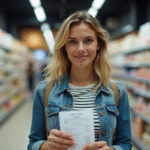 Jeune femme avec ticket de caisse dans un supermarche