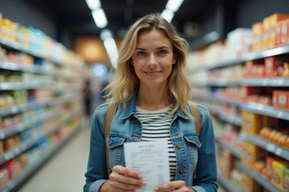 Jeune femme avec ticket de caisse dans un supermarche