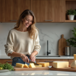 Femme souriante tranche des fromages dans une cuisine chaleureuse