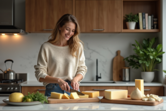 Femme souriante tranche des fromages dans une cuisine chaleureuse
