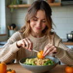 Jeune femme coupe un persimmon dans un bol sain