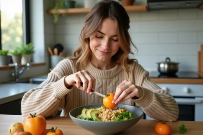Jeune femme coupe un persimmon dans un bol sain