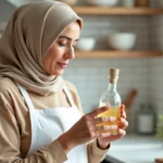 Femme musulmane vérifiant l'étiquette d'une bouteille de vinaigre d'alcool pour s'assurer qu'il est halal dans une cuisine familiale
