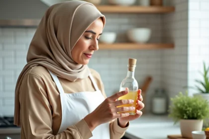 Femme musulmane vérifiant l'étiquette d'une bouteille de vinaigre d'alcool pour s'assurer qu'il est halal dans une cuisine familiale