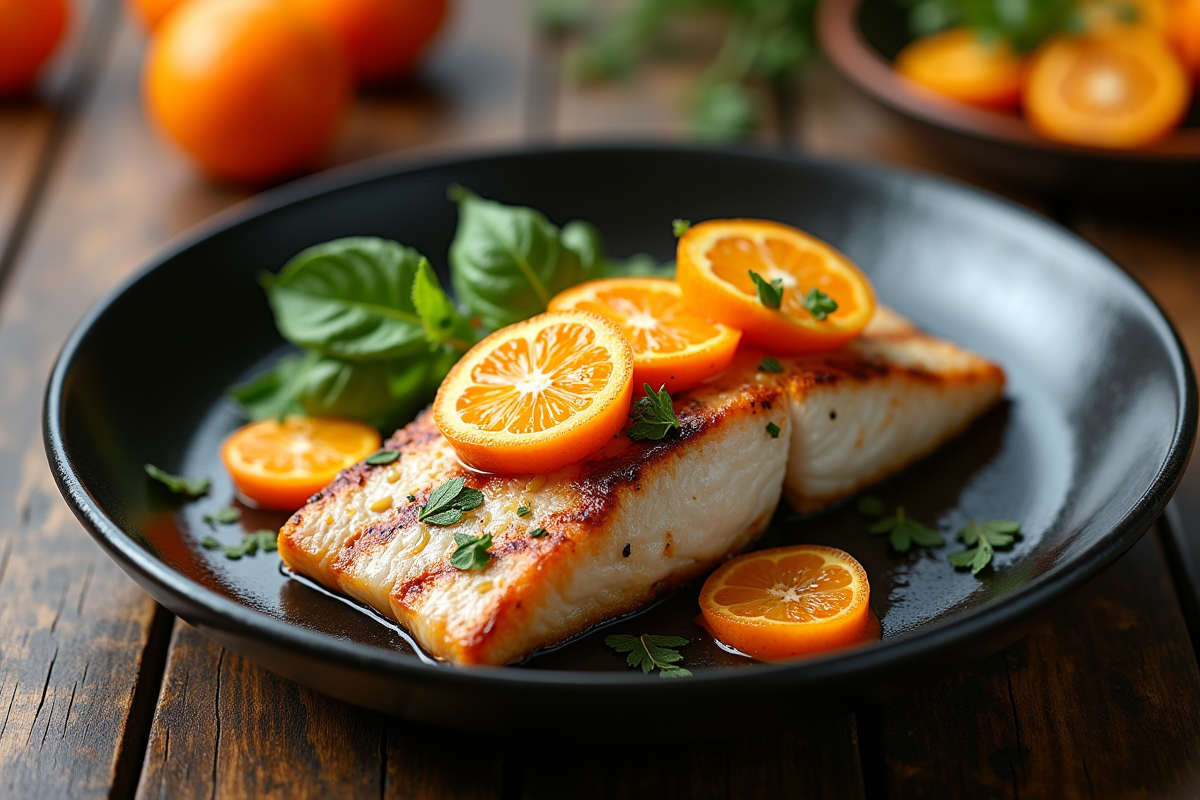 Filet de poisson grillé avec tranches de kumquat sur une table en bois
