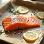 Filet de saumon côté peau assaisonné de sel, poivre et citron sur une plaque de cuisson au four