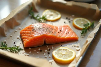 Filet de saumon côté peau assaisonné de sel, poivre et citron sur une plaque de cuisson au four
