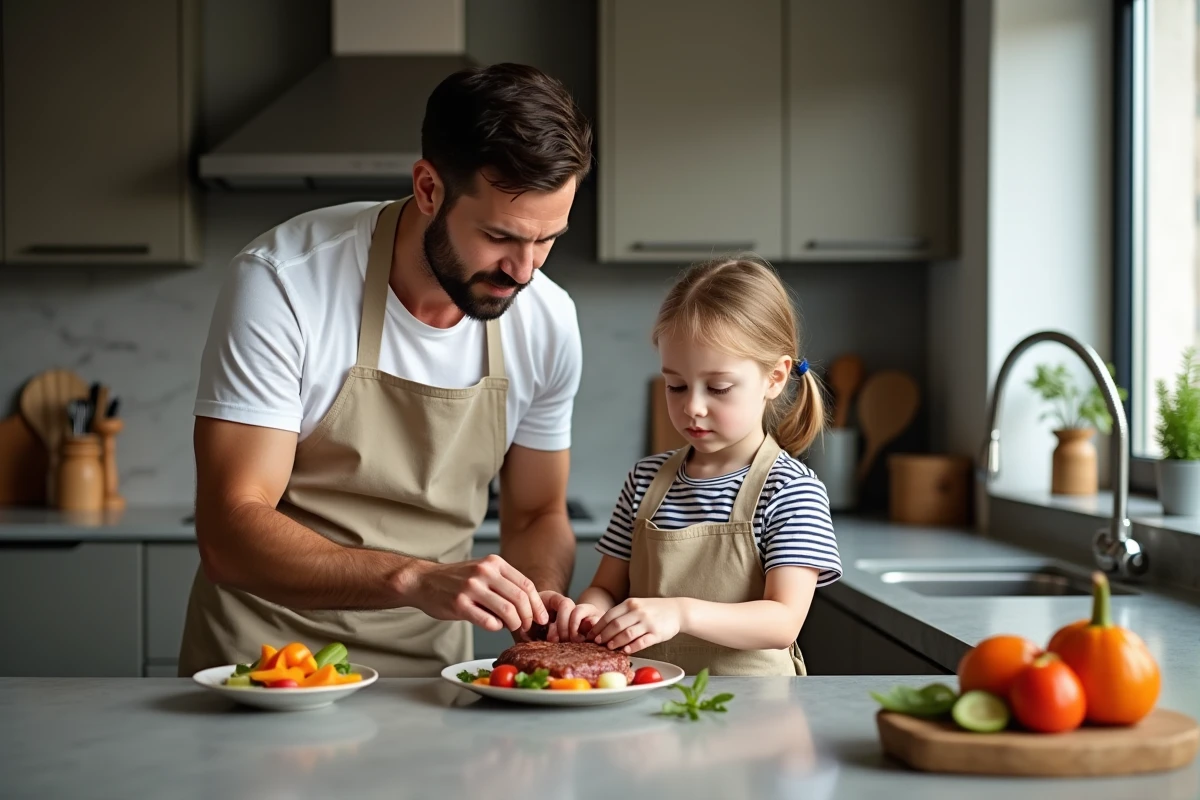Fille et père cuisinant ensemble dans une cuisine moderne
