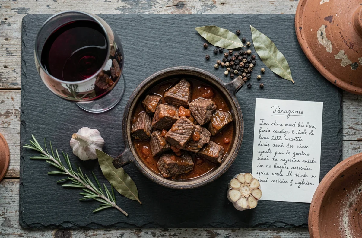 Mise en scène flat lay d'un accord mets et vins avec ragoût d'agneau, verre de vin rouge, herbes aromatiques et épices sur ardoise sombre