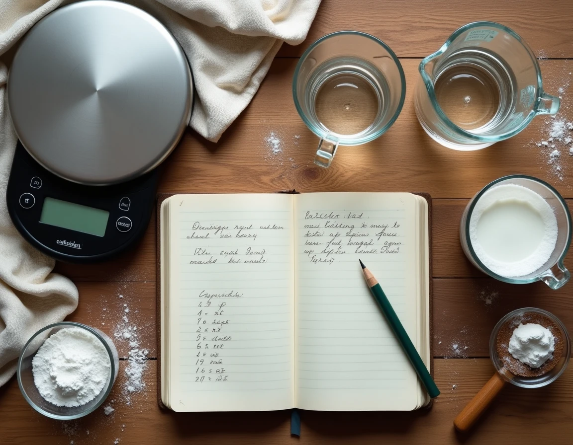 Vue de dessus d'une table en bois avec balance, pichet doseur, bols d'ingrédients et carnet de recettes ouvert sur des conversions de mesures