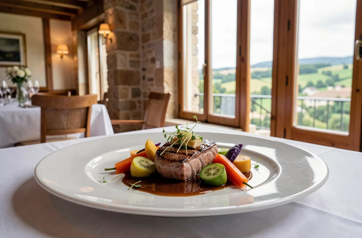 Assiette gastronomique raffinée au restaurant Fleur de Loire à Blois avec herbes fraîches et sauce brillante sur nappe blanche