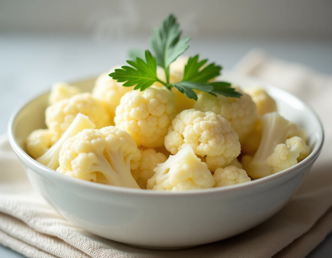 Gros plan de fleurettes de chou-fleur cuit à la vapeur dans un bol en céramique blanche, garnies de persil frais, illustrant la cuisson vapeur douce qui préserve les nutriments