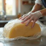 Bloc de foie gras en cours d'emballage dans la cuisine