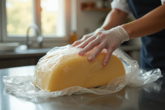 Bloc de foie gras en cours d'emballage dans la cuisine
