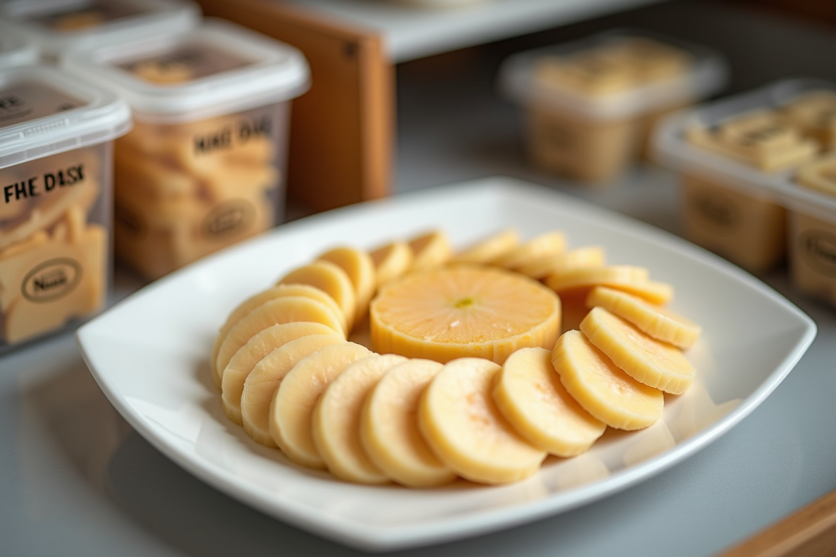 Tranches de foie gras sur une assiette dans un congélateur
