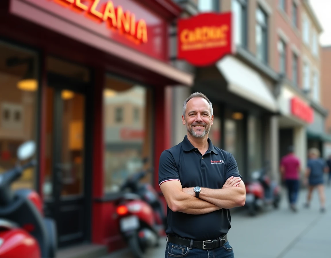 Franchisé devant sa nouvelle boutique de livraison de pizzas en milieu urbain
