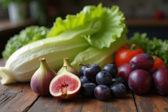 Fruits et légumes de saison avec figues et laitue iceberg