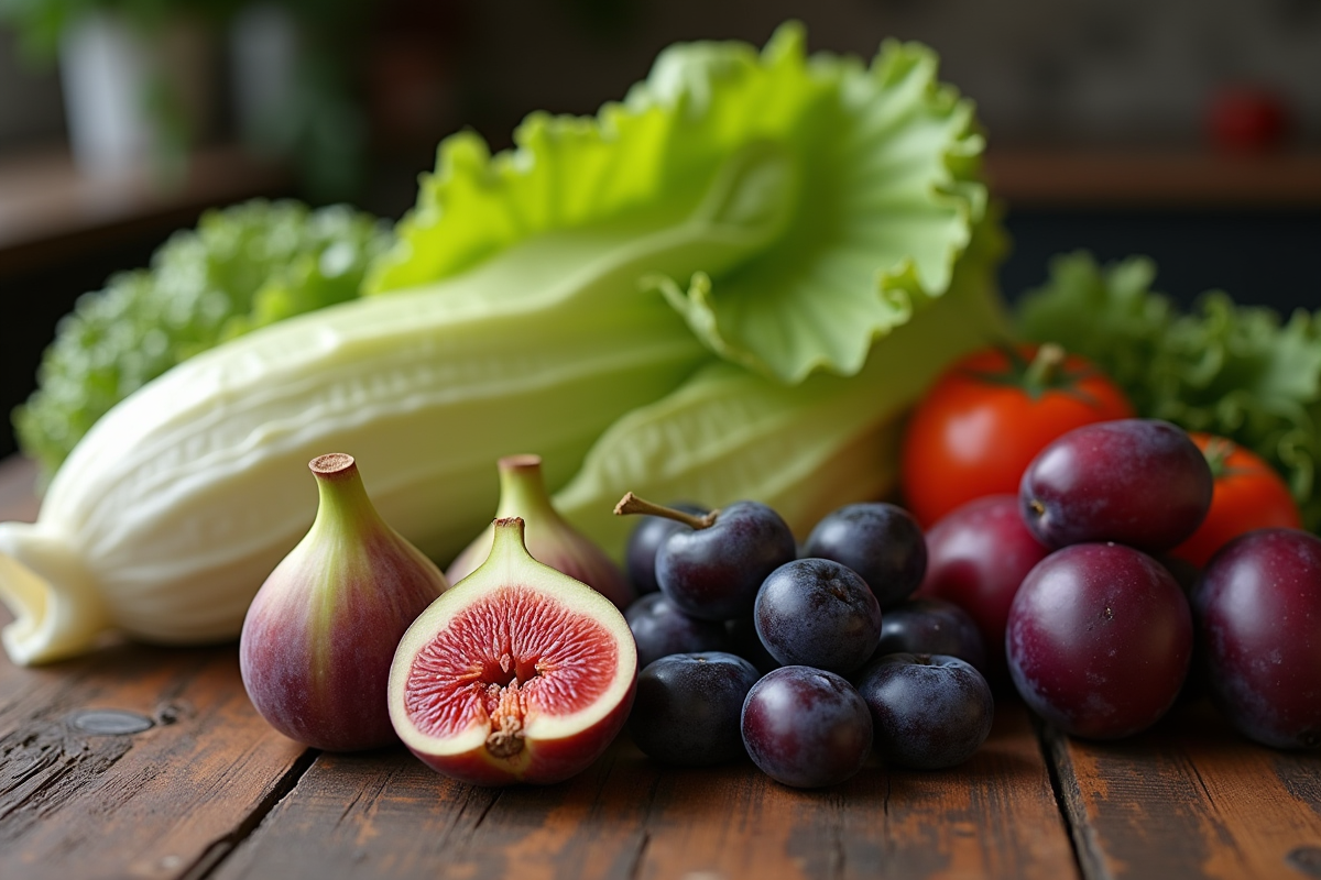 Fruits et légumes de saison avec figues et laitue iceberg