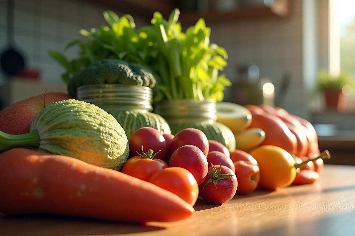 Fruits et légumes emballés sur un plan de travail en cuisine