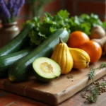 Fruits et légumes exotiques en Z disposés sur une planche en bois dans une cuisine rustique, incluant fleur de courgette, zapote et racines de zédoaire