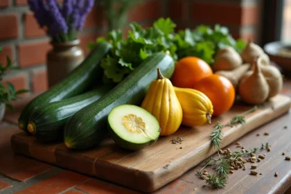 Fruits et légumes exotiques en Z disposés sur une planche en bois dans une cuisine rustique, incluant fleur de courgette, zapote et racines de zédoaire