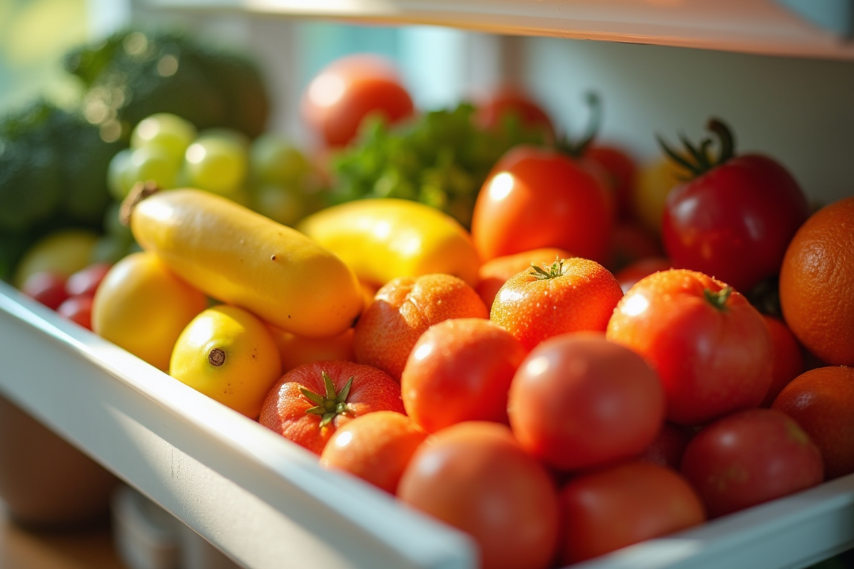 Variété de fruits et légumes frais dans un tiroir de réfrigérateur