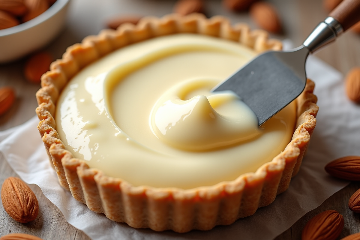 Garnissage de creme d amandes dans une tarte avec spatule