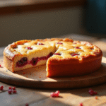 Gâteau basque aux cerises tranché sur une table en bois