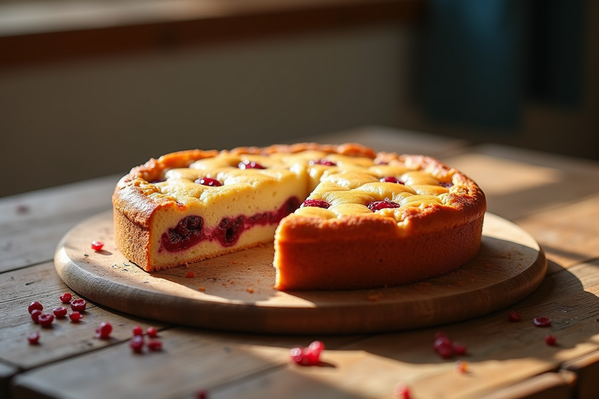 Gâteau basque aux cerises tranché sur une table en bois