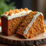 Partage d'un gâteau carotte tranché sur une table en bois