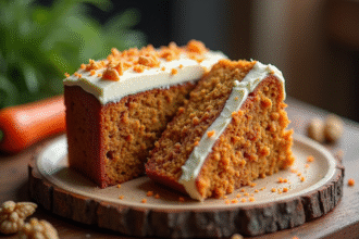 Partage d'un gâteau carotte tranché sur une table en bois