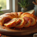 Gâteau au chorizo frais tranché sur une planche en bois