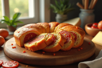 Gâteau au chorizo frais tranché sur une planche en bois