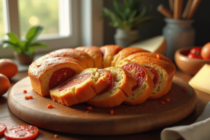 Gâteau au chorizo frais tranché sur une planche en bois