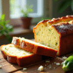 Gâteau courgette feta tranché sur table ensoleillée