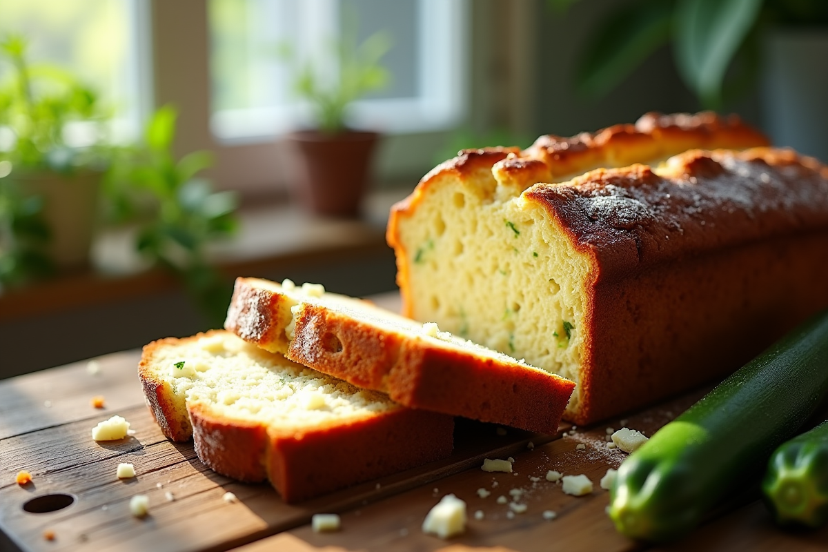 Gâteau courgette feta tranché sur table ensoleillée