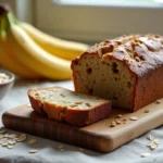 Gâteau flocon d'avoine à la banane tranché sur une planche en bois rustique avec avoine et bananes fraîches