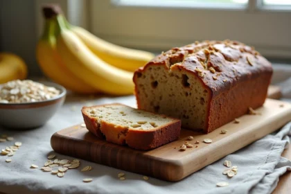 Gâteau flocon d'avoine à la banane tranché sur une planche en bois rustique avec avoine et bananes fraîches